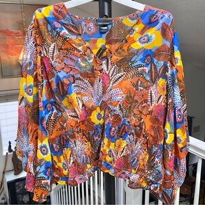 Ashley Stewart Women's Floral V-Neck Blouse - Blue, Orange, Yellow